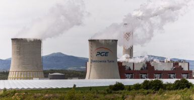 Cooling towers of a power facility emitting steam