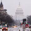 Rainy day on streets of Washington with the US Capitol building in the background