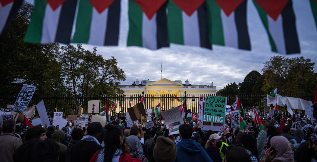 Thousands of pro-Palestine protestors demonstrate outside the White House during the National March on Washington for Palestine on November 4, 2023 in Washington, DC. (Photo: Drew Angerer/Getty Images)