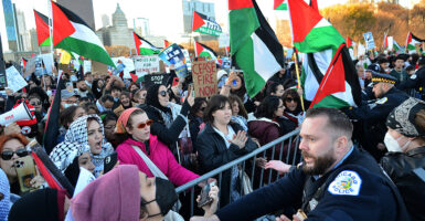 Pro-Palestine protesters press against police in Chicago, holding Palestine flags and signs reading 