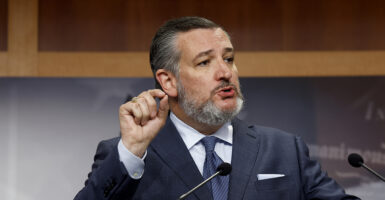 Ted Cruz gestures in a gray suit with a blue tie and wearing a salt-and-pepper beard