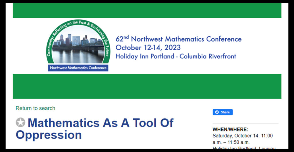 Screenshot of webpage of Northwest Mathematics Conference showing the lecture called “Mathematics as a tool of oppression