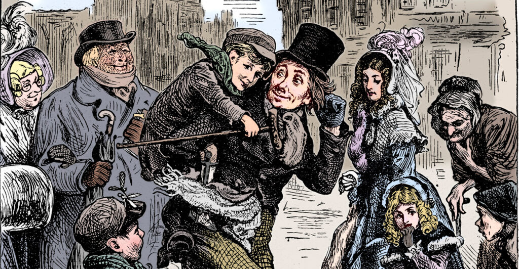 An illustration depicts a scene from “A Christmas Carol” of Bob Cratchett carrying Tiny Tim