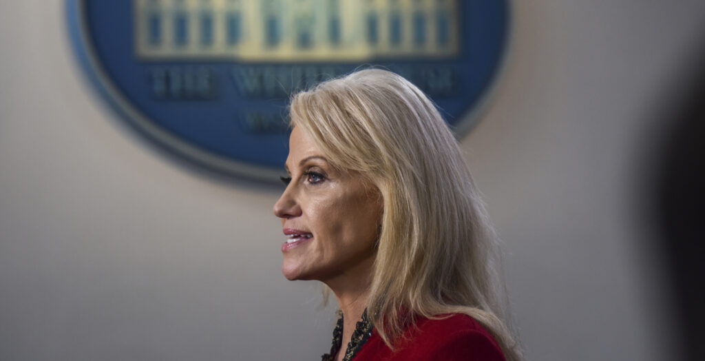 Side view of Kellyanne Conway speaking in the White House press briefing room