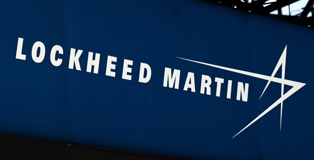 Lockheed Martin, one of the leading global security and aerospace companies in the United States featured a prominent transgender flag in its lobby, according to a photo obtained by The Daily Signal. Pictured: This photograph taken on June 13, 2022, shows the logo from US defence manufacturer Lockheed Martin in Villepinte, a northern suburb of Paris. (Photo: EMMANUEL DUNAND/AFP via Getty Images)