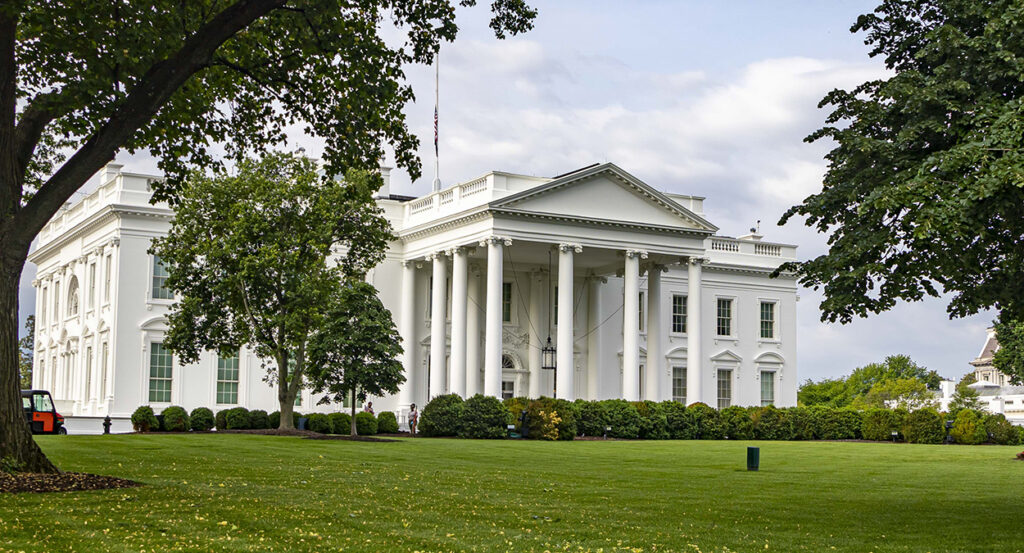 The White House with trees and bushes in the foreground