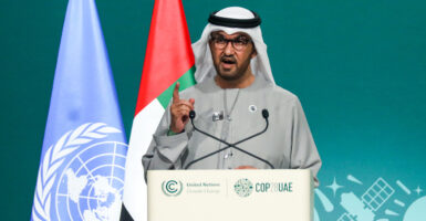Sultan Ahmed Al Jaber speaks on stage at the U.N.’s COP28 Climate Conference