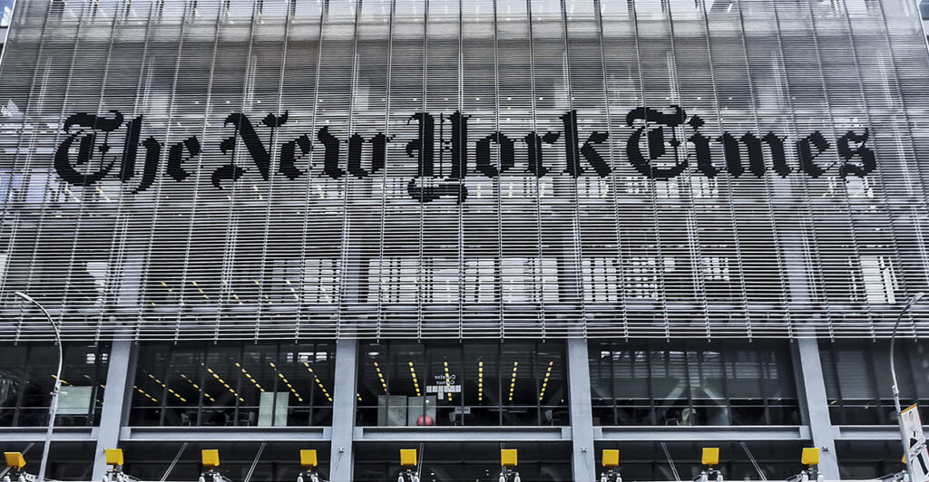 The New York Times newspaper office building with sign on front of the building