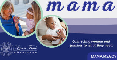 Billboard advertising MAMA mobile app pictured Attorney General Lynn Fitch with a baby.