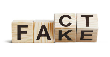 four wooden blocks with letters spelling out fact and fake
