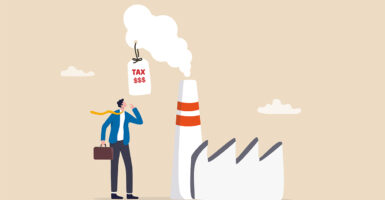 Illustration showing a man in a suit looking at the emissions from a factory chimney with a tax price tag hanging From the emissions cloud