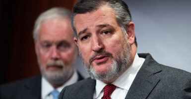 Sen. Ted Cruz, R-Texas, speaks, standing in a suit with a red tie, during a news conference.