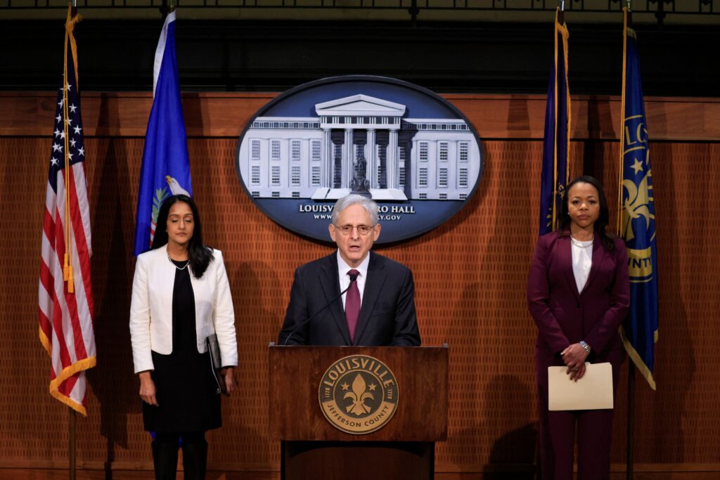 US Attorney General Merrick Garland, with Associate Attorneys General Vanita Gupta (L) and Kristen Clarke, speaks during a press conference on the Justice Departments findings of the civil rights investigation into the Louisville Metro Police Department and Louisville Metro Government on March 8, 2023, in Louisville, Kentucky. (Photo: LUKE SHARRETT/AFP via Getty Images)