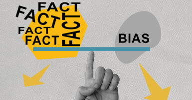 A hand with a pointed finger acts as the fulcrum of a scale with the words bias and multiple of the word fact on the other side.