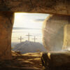 Three crosses on Golgatha and an empty tomb with a shroud and a rock pulled across the tomb entrance