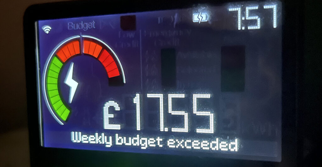 Smart meter showing weekly rationed energy budget exceeded.