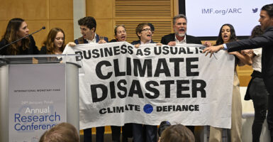 Activists hold a sign reading "Business as usual is climate disaster" at IMF summit.