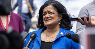 Rep. Pramila Jayapal, D-Wash., talks with reporters outside the U.S. Capitol after the House reauthorized Section 702 of the Foreign Intelligence Surveillance Act (FISA) on Friday, April 12, 2024. (Tom Williams/CQ-Roll Call, Inc via Getty Images)