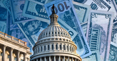 a picture of money in the sky surrounding the US Capitol building
