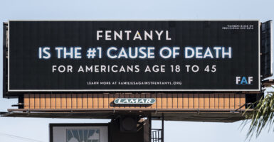 A billboard says fentanyl is the number one cause of death for Americans ages 18 to 45