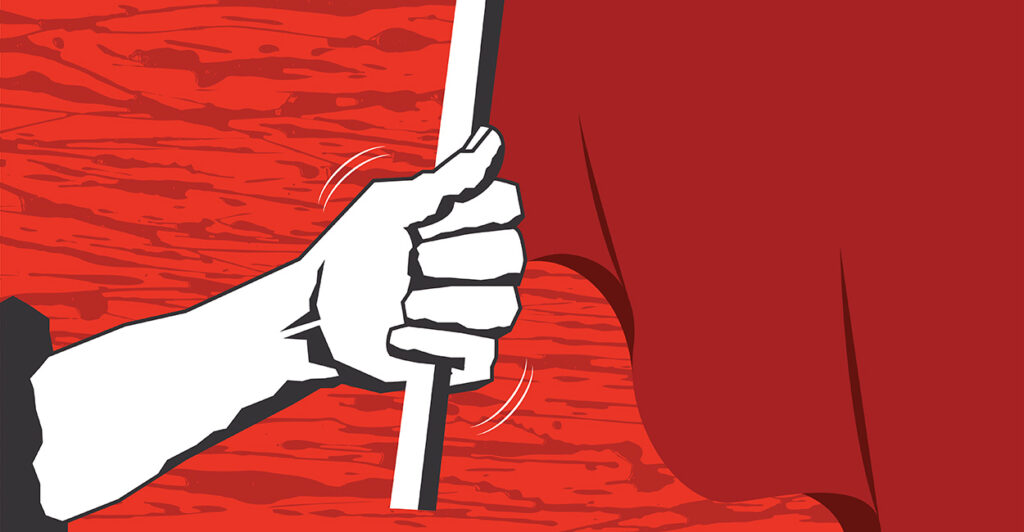 A drawing of a hand holding a red flag.