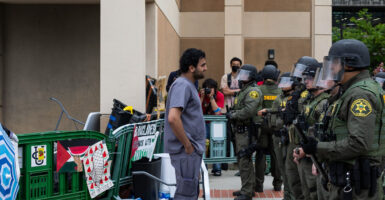 A protester wearing a gray shirt and jeans stands before a line of police officers wearing face shields and green uniforms.
