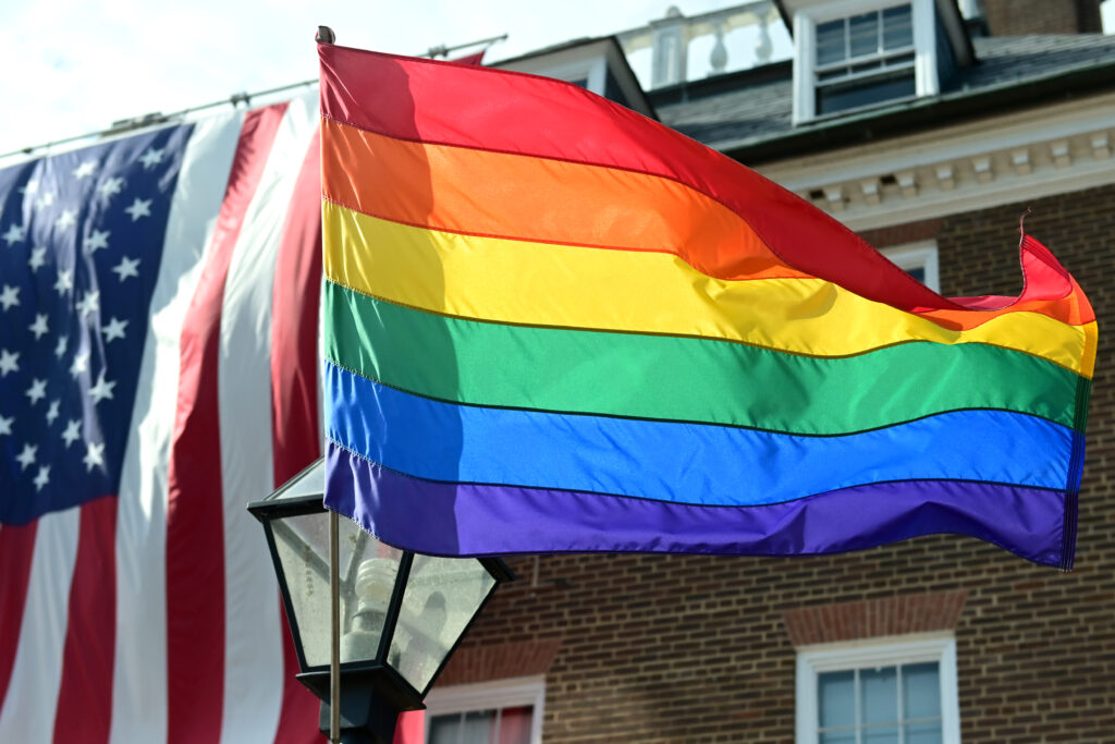 The City of Alexandra, Virginia, is drawing fire for painting pride flags that include transgender symbols over the crosswalks of historic Old Town, Alexandria. (Photo by Shannon Finney/Getty Images)