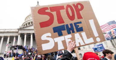 A man holds a hand-painted "stop the steal" sign with a large crowd of protesters standing in front of the U.S. Capitol on January 6, 2021