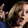 Kamala Harris gestures with her mouth open