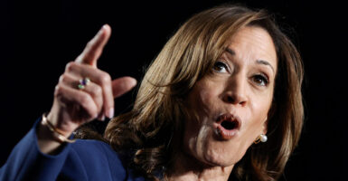 Kamala Harris gestures with her mouth open