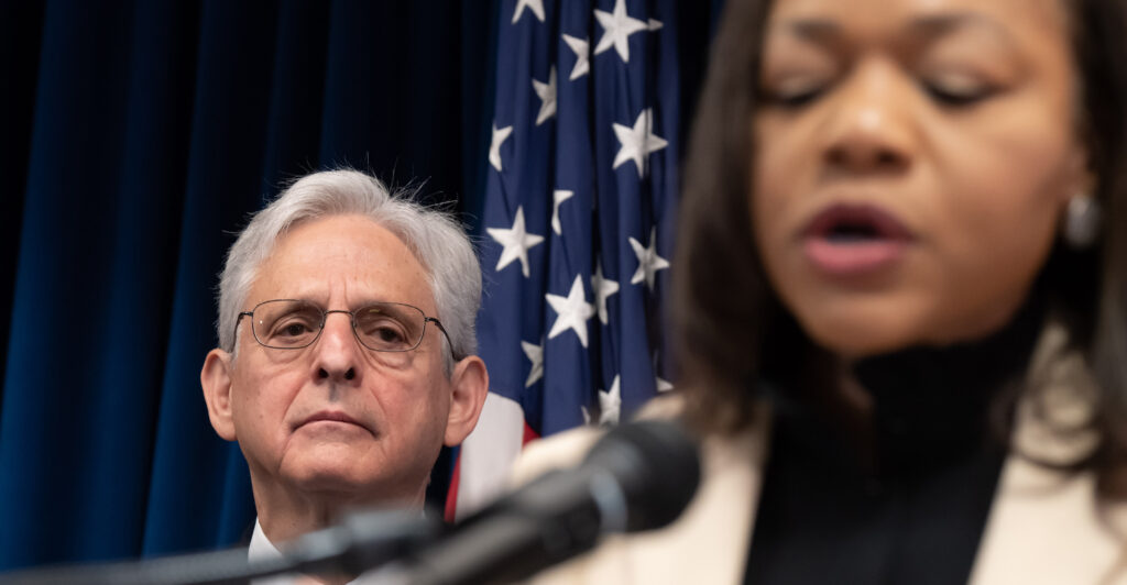 U.S. Attorney General Merrick Garland listened as Assistant Attorney General Kristen Clarke spoke about the DOJ investigation at a press conference Friday, June 16, 2023, Minneapolis, Minn. The Minneapolis Police Department routinely engaged in a pattern of racist and abusive behavior that deprives people of their constitutional rights, according to new findings of a Justice Department investigation prompted by the murder of George Floyd three years ago. (Photo by Glen Stubbe/Star Tribune via Getty Images)