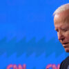 President Joe Biden closes his eyes during the first presidential debate.