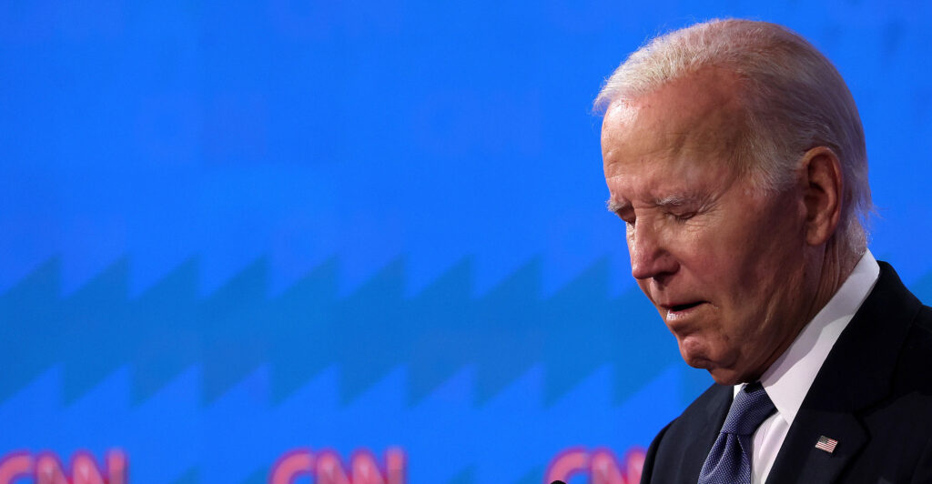 President Joe Biden closes his eyes during the first presidential debate.