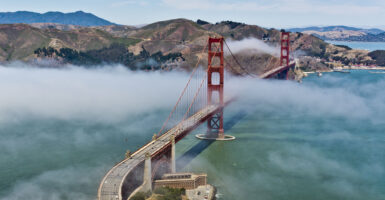 The Golden Gate Bridge with incoming fog.