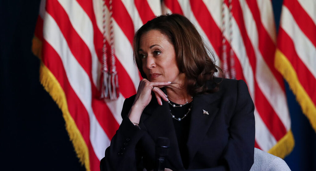Vice President Kamala Harris looks left while wearing a blazer in front of an American flag.