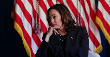 Vice President Kamala Harris looks left while wearing a blazer in front of an American flag.