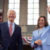 U.S. President Joe Biden and U.S. Vice President Kamala Harris wave to members of the audience after speaking at a campaign rally at Girard College on May 29, 2024 in Philadelphia, Pennsylvania. (Photo by Andrew Harnik/Getty Images)