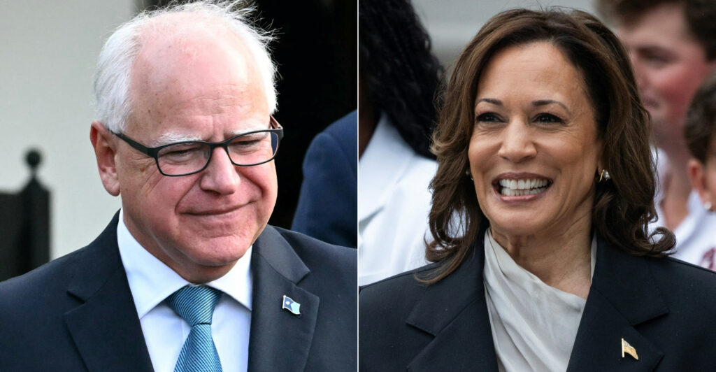 (COMBO) This combination of pictures created on August 2, 2024, shows US Vice President Kamala Harris in Washington, DC on July 22, 2024, and Governor of Minnesota Tim Walz in Washington, DC, July 3, 2024. Harris picked Walz as her running mate on August 6, 2024, US media reported, as the vice president prepares to take on Republican Donald Trump in November's US election. (Photo by Jim WATSON and Chris Kleponis / AFP) (Photo by JIM WATSONCHRIS KLEPONIS/AFP via Getty Images)