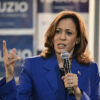 Kamala Harris speaks during a stop on her campaign bus tour.