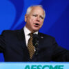 Democratic vice presidential candidate Minnesota Governor Tim Walz speaks at the 46th International Convention of the American Federation of State, County and Municipal Employees (AFSCME) at the Los Angeles Convention Center on August 13, 2024 in Los Angeles, California. Walz made his first solo appearance as the running mate for Democratic presidential candidate, U.S. Vice President Kamala Harris at the event. AFSCME is a union representing 1.4 million public service workers nationwide. (Photo by Mario Tama/Getty Images)