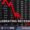 A downward trend graph with the words "celebrating recession"