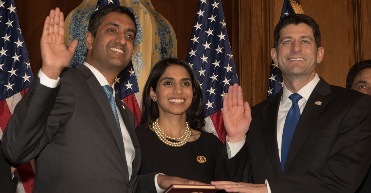 Rep. Ro Khanna, D-Calif., receives the House oath of office from Speaker Paul Ryan, R-Wisc., during a swearing-in ceremony earlier this year. (Photo: Jeff Malet Photography/Newscom)