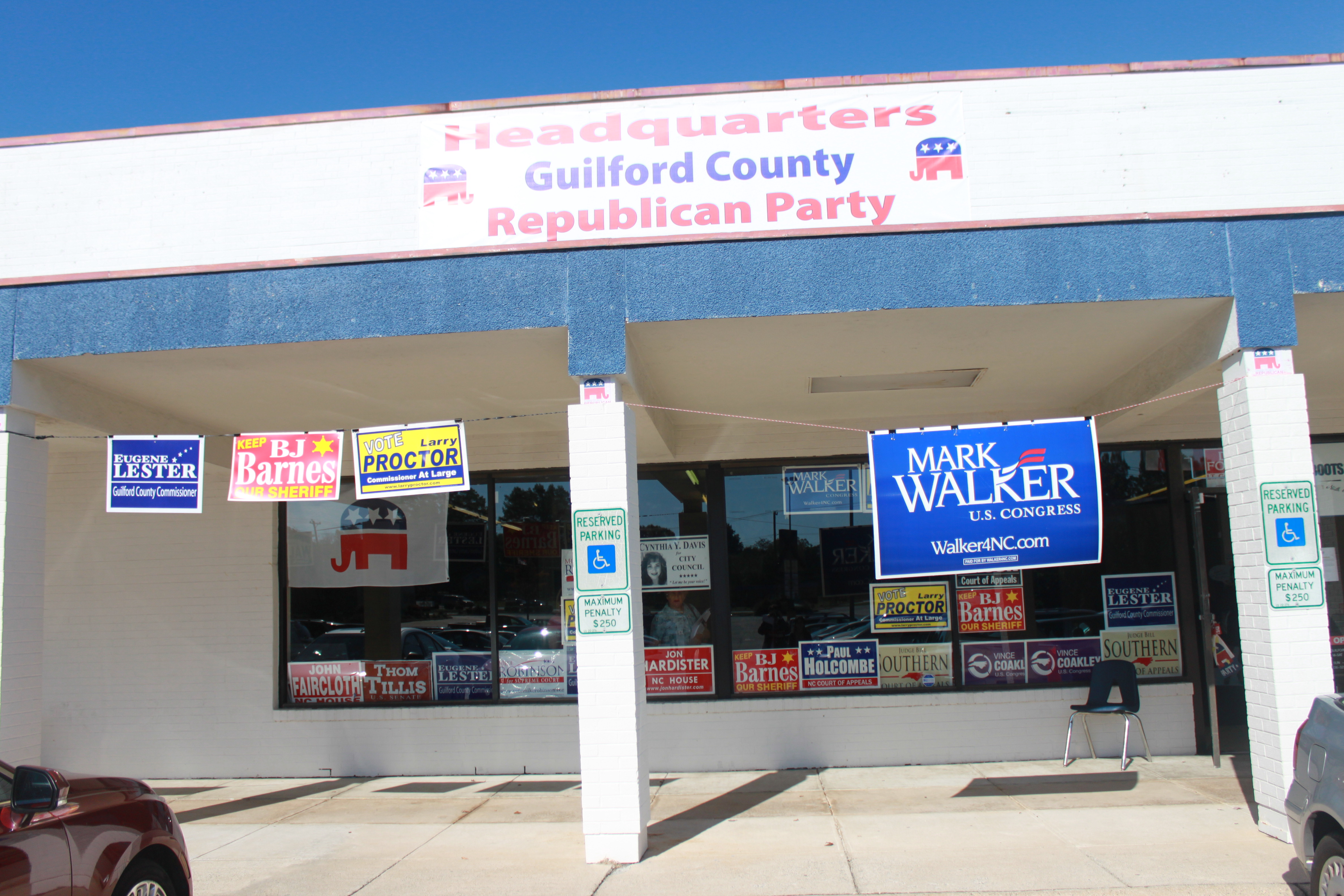 The Guilford County Republican Party headquarters is situated in a rundown commercial center in Hagan's hometown. Photo: Josh Siegel/The Daily Signal
