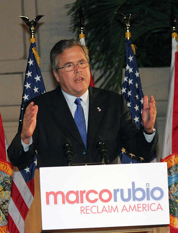 Former Florida Governor Jeb Bush introduces Republican senator-elect Marco Rubio during the Reclaim America Victory Celebration at the Biltmore Hotel in Miami on November 2, 2010. (Photo: UPI/Martin Fried/Newscom)