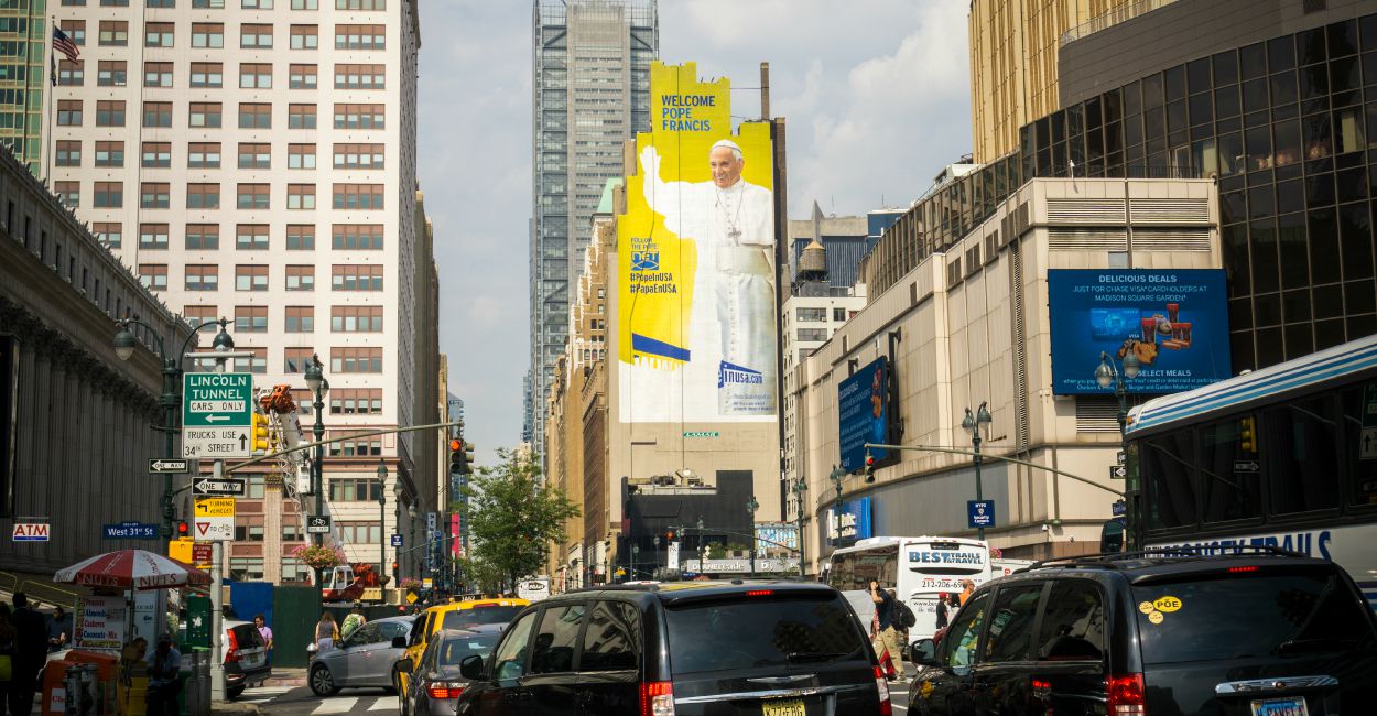 An unfinished billboard near Madison Square Garden is adorned with the image of Pope Francis prior to his visit to New York, seen on Monday, August 31, 2015. (Photo: Richard B. Levine/Newscom)