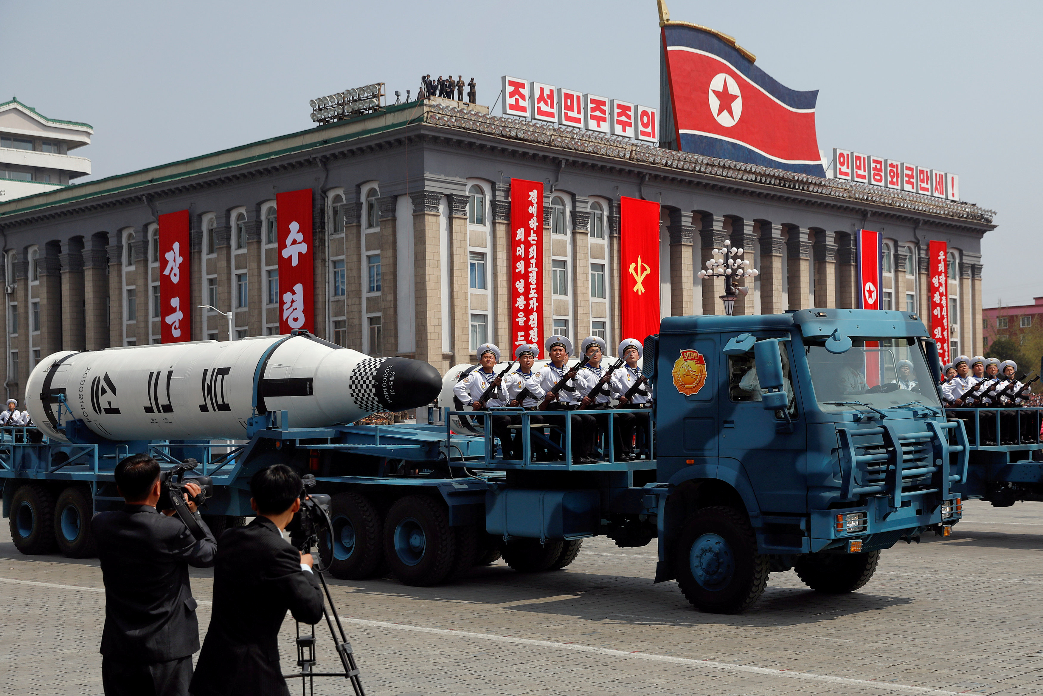 A North Korean navy truck carries a submarine-launched ballistic missile during a military parade marking the 105th birth anniversary of country's founder. (Photo: Damir Sagolj/Reuters/Newscom)