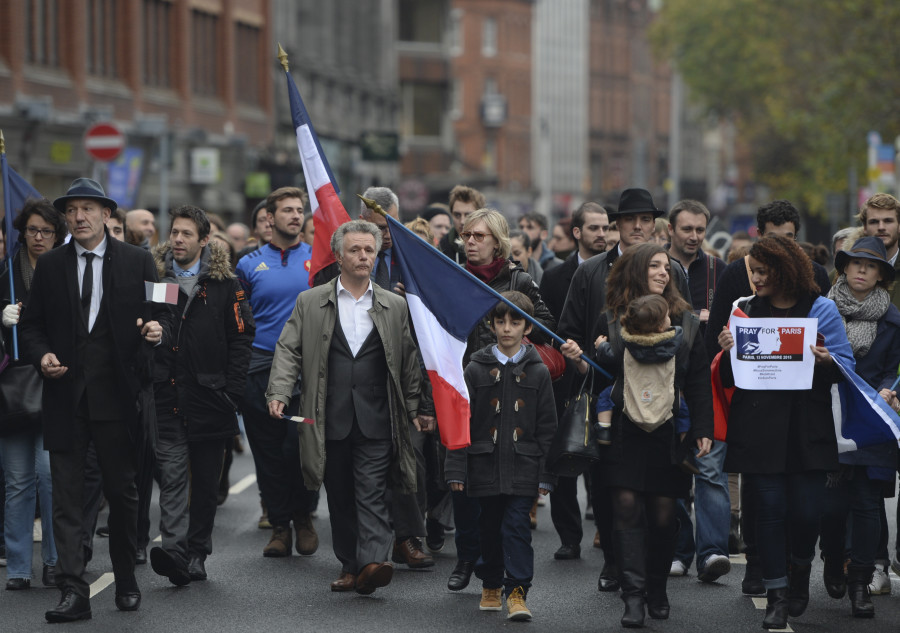 French and Irish join together during a “March in Solidarity with Paris” in Dublin's city center, Saturday. (Photo: Artur Widak/ZUMA Press/Newscom)